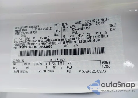 2018 Ford Escape Se z USA, uszkodzony, nr VIN 1FMCU9GD8JUA83682